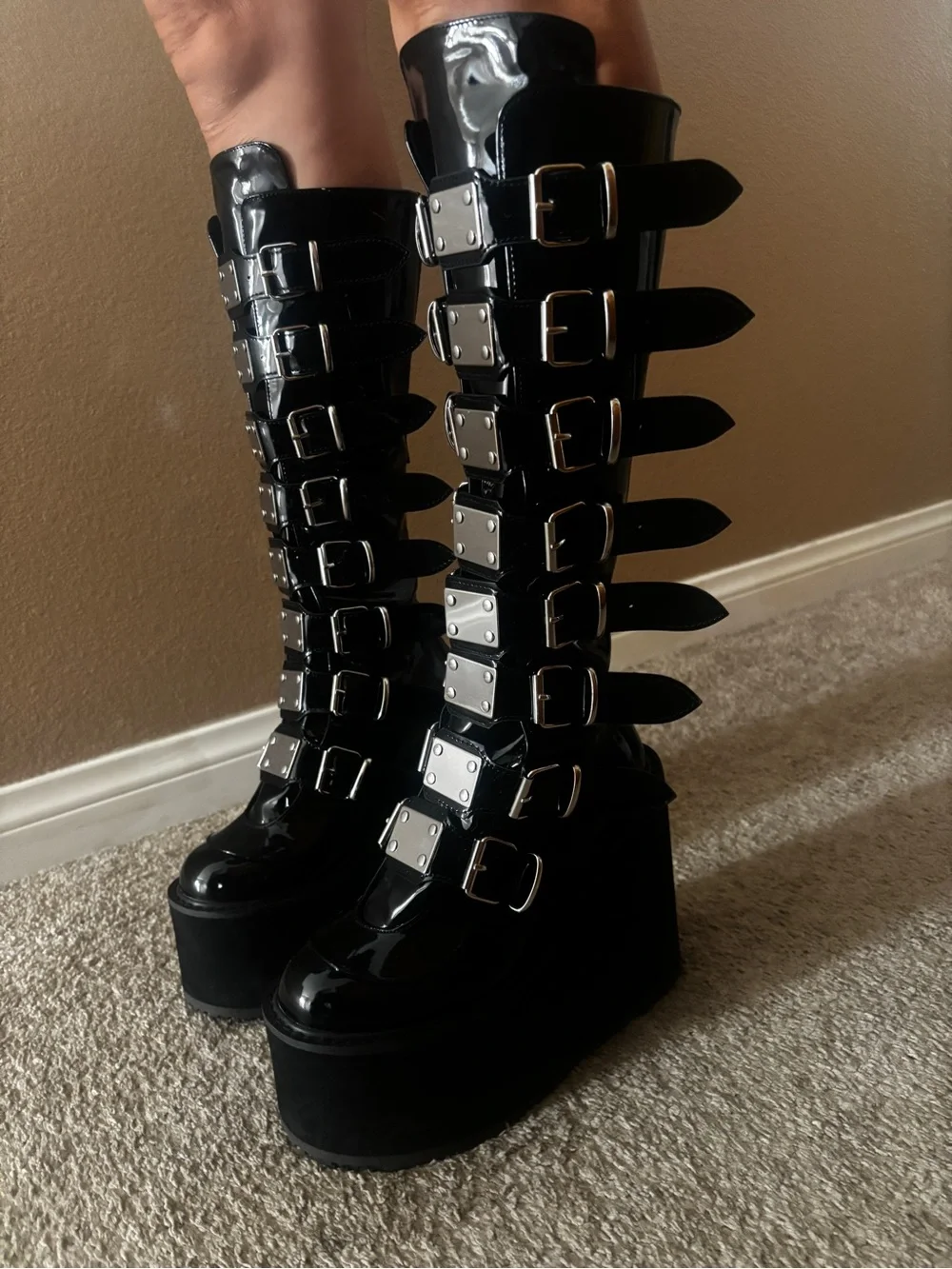 Demonia Black Patent Multi-Buckle Platform Knee Boots